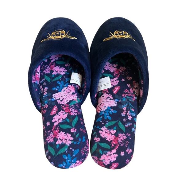 Bridgerton Netflix Enchanting Navy Blue Gold Bee Floral Slippers Size 11 - Picture 2 of 5